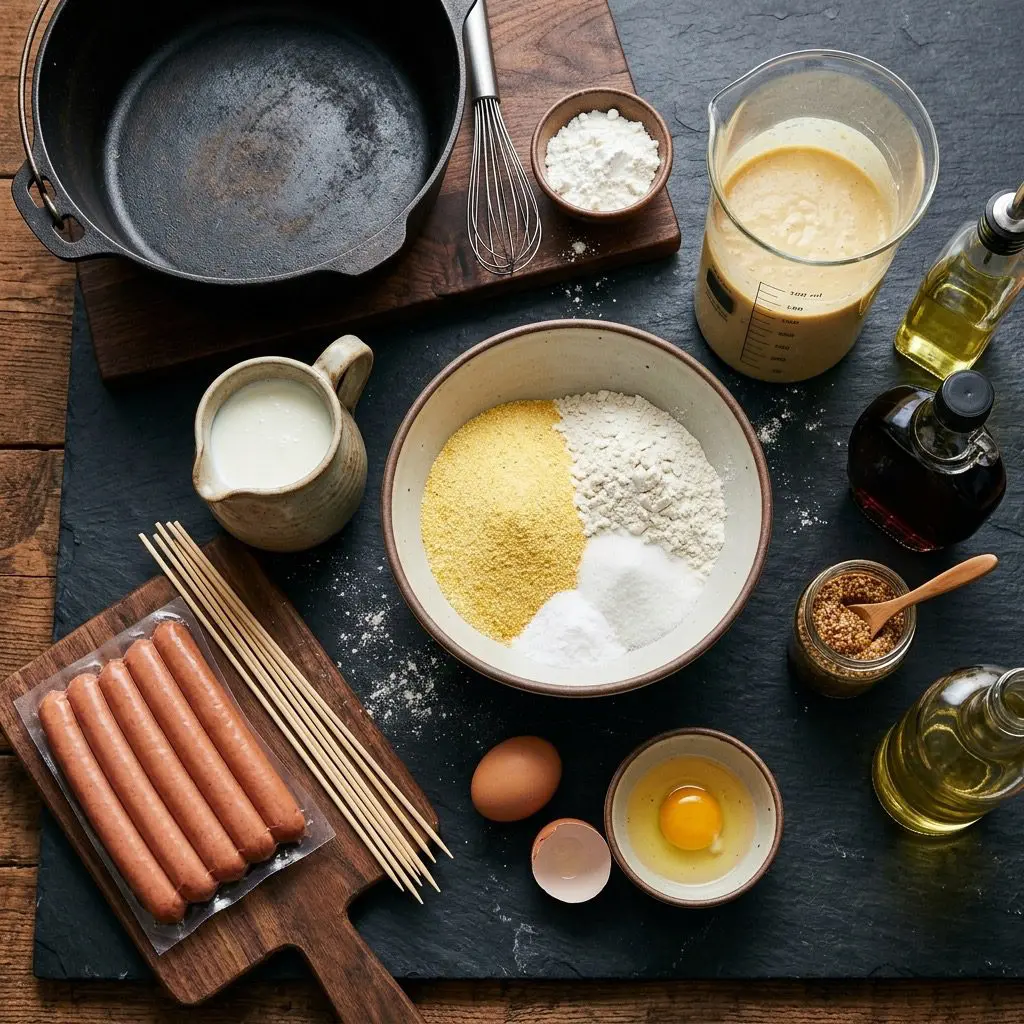Overhead prep shot of fresh ingredients for homemade Corn Dogs, including hot dogs, skewers, fine yellow cornmeal, buttermilk, eggs, and canola oil arranged around a heavy cast-iron Dutch oven
