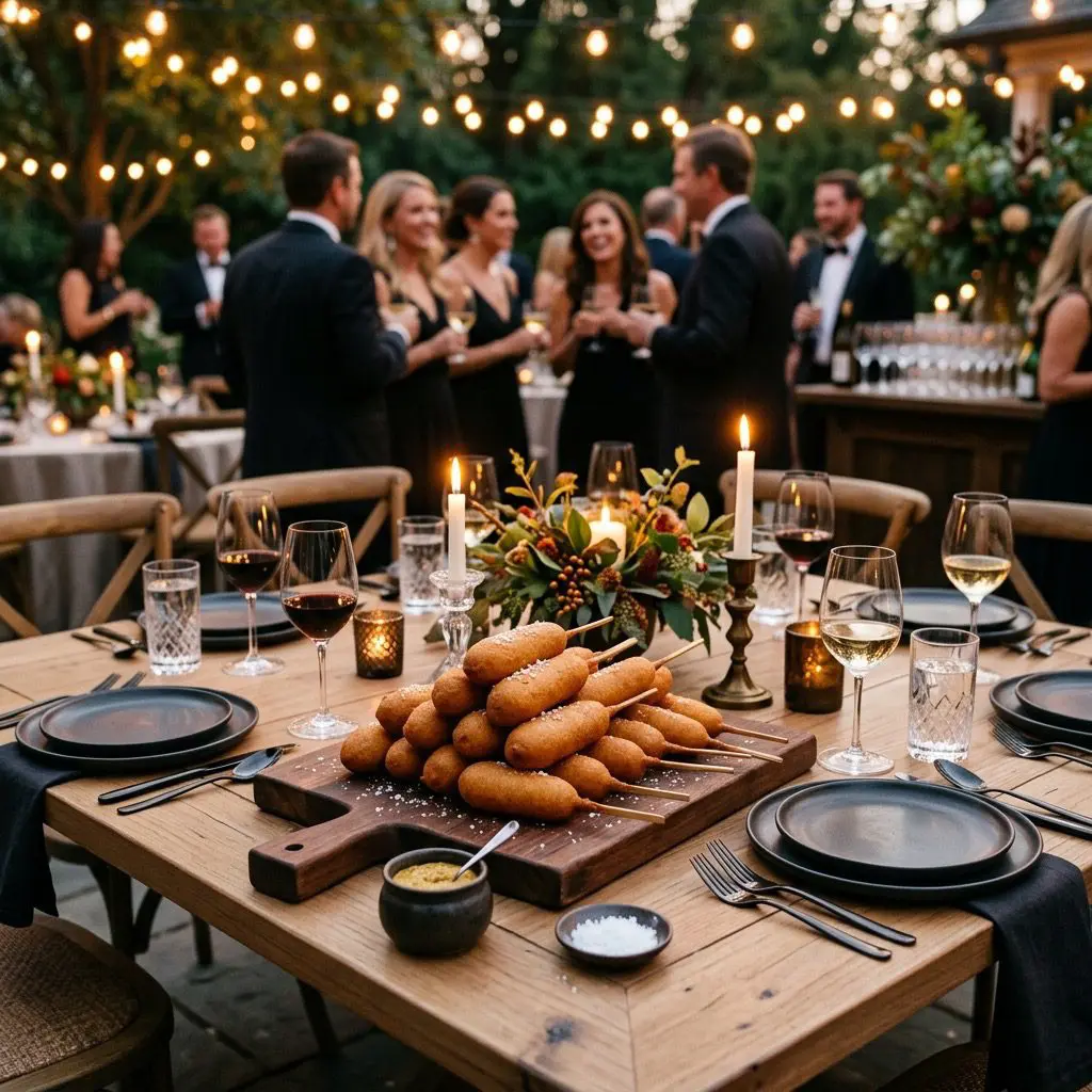 A formal evening outdoor dinner table setting featuring a massive wooden board loaded with golden, crispy homemade Corn Dogs on sticks, with a patio party in the background.