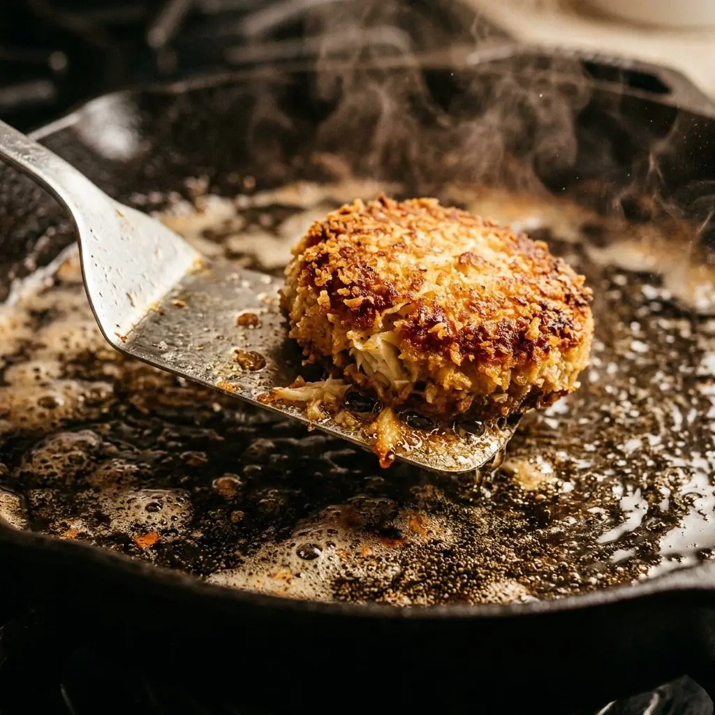 Extreme close-up action shot using a silver metal spatula to gently flip a thick, crispy panko-crusted crab cake sizzling in hot vegetable oil in a heavy cast-iron skillet