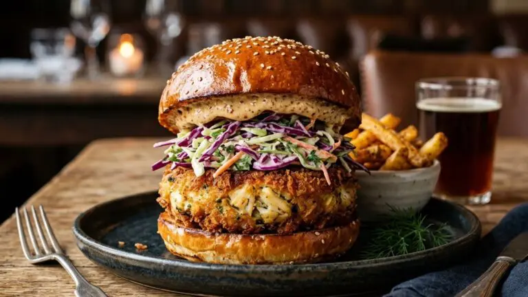 Stunning plated serving of Crab Cake Burgers with Coleslaw and Chili-Spiced Tartar Sauce, a chef-tested recipe by Chef Jorj Morgan.