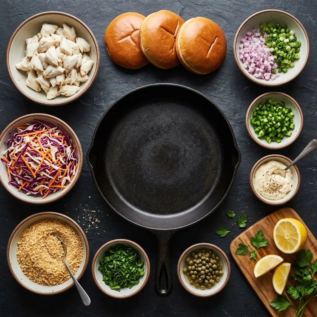 Overhead prep shot of fresh ingredients for gourmet Crab Cake Burgers and Coleslaw, including fresh lump crabmeat, red and white shredded cabbage, carrots, panko breadcrumbs, jalapeños, and sauces