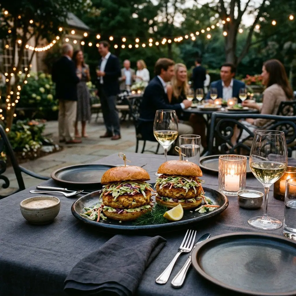 An elegant, formal evening outdoor dinner table setting featuring a platter of stunning, towering Crab Cake Burgers overflowing with vibrant coleslaw