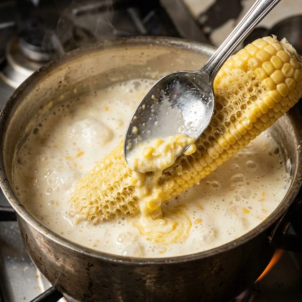 Extreme close-up action shot demonstrating scraping the starchy pulp from a bare corn cob into simmering heavy cream