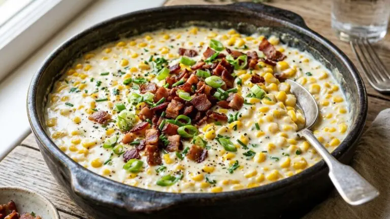 Stunning plated serving of Creamed Corn, a chef-tested recipe by Chef Jorj Morgan.
