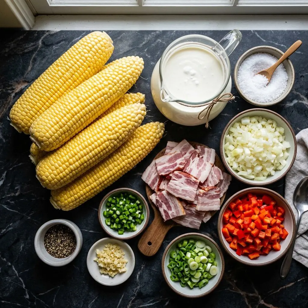 Overhead prep shot of raw corn on the cob, heavy cream, kosher salt, raw bacon, diced onion, red bell pepper, jalapeño, minced garlic, green onions, and black pepper