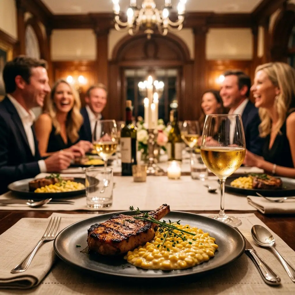 An elegant, formal dinner table setting featuring Creamed Corn alongside a smoked thick-cut pork chop