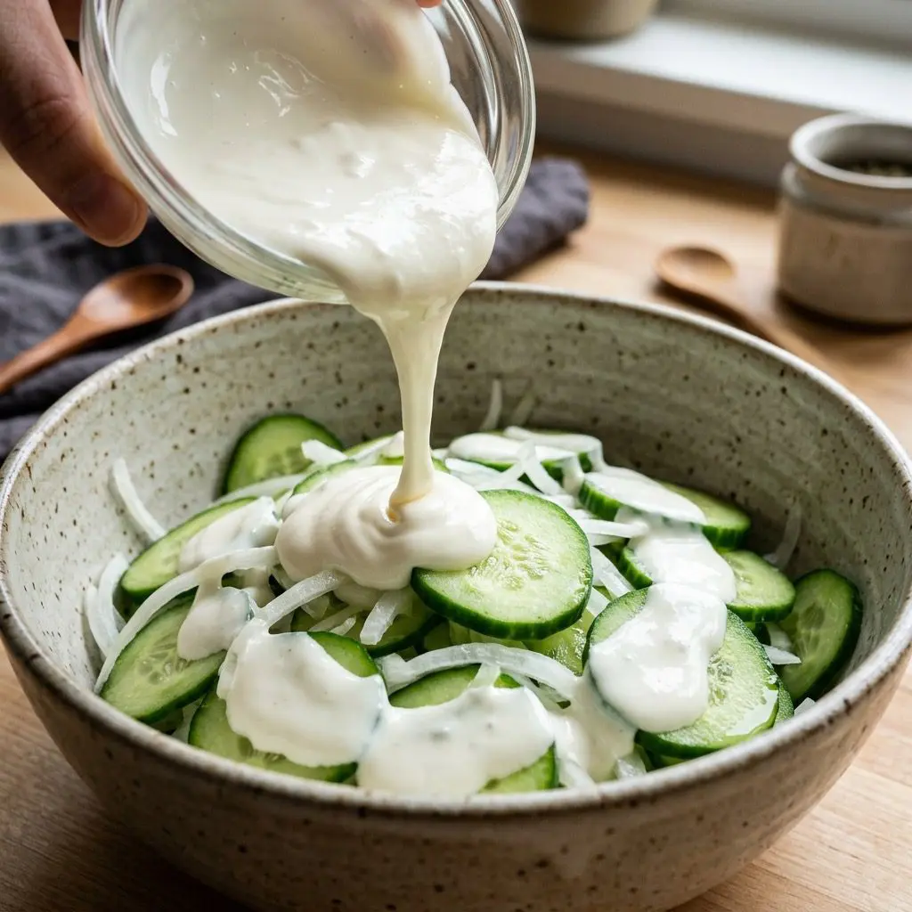 Extreme close-up action shot pouring thick, glossy sour cream and mayonnaise dressing over crisp cucumber slices