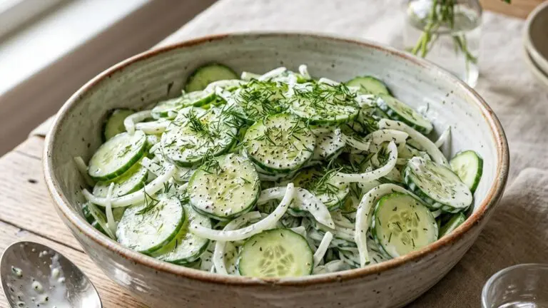 Stunning plated serving of Creamy Cucumber and Sweet Onion Salad, a chef-tested recipe by Chef Jorj Morgan.