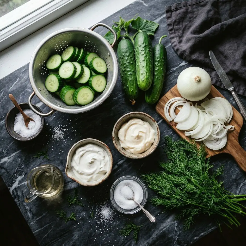 Overhead prep shot of cucumbers, a metal colander, kosher salt, sweet white onion, mayonnaise, sour cream, white wine vinegar, sugar, and fresh dill sprigs