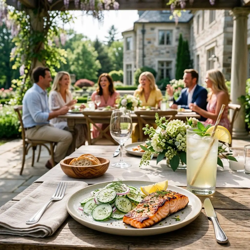 An elegant casual outdoor summer dining setting featuring Creamy Cucumber Salad alongside a grilled salmon fillet