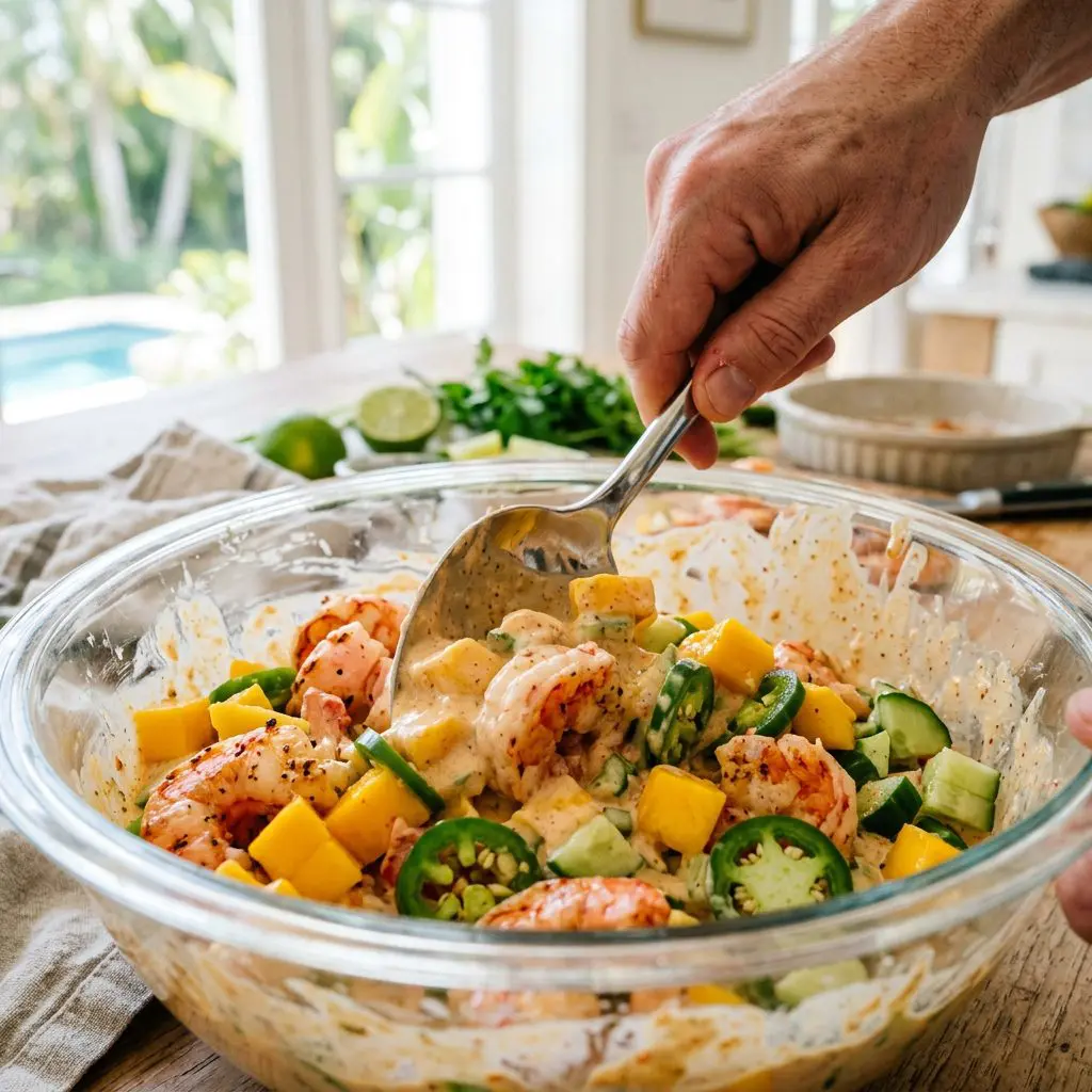 A cook's hand using heavy silver spoons to fold massive, bright pink roasted shrimp chunks and vivid yellow diced mango into a thick, creamy, spice-flecked Creole dressing in a large glass mixing bowl, with bright green jalapeños and cucumbers distinctly visible.
