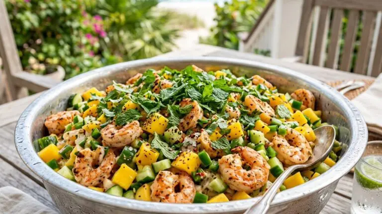 Stunning plated serving of Creamy Shrimp Salad with Mango, a chef-tested recipe by Chef Jorj Morgan.