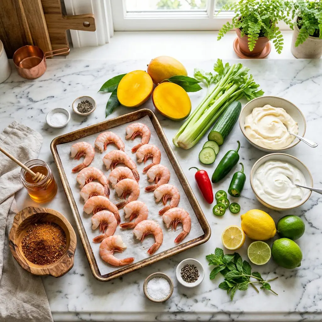Ingredients arranged: a sheet pan of massive raw pink shrimp, vibrant yellow mangoes, crisp green celery and cucumbers, vividly red/green jalapeños, huge blocks of mayonnaise and sour cream, sharp yellow lemons, bright green limes, fresh mint leaves, honey, and piles of intense Creole seasoning on a marble prep board.