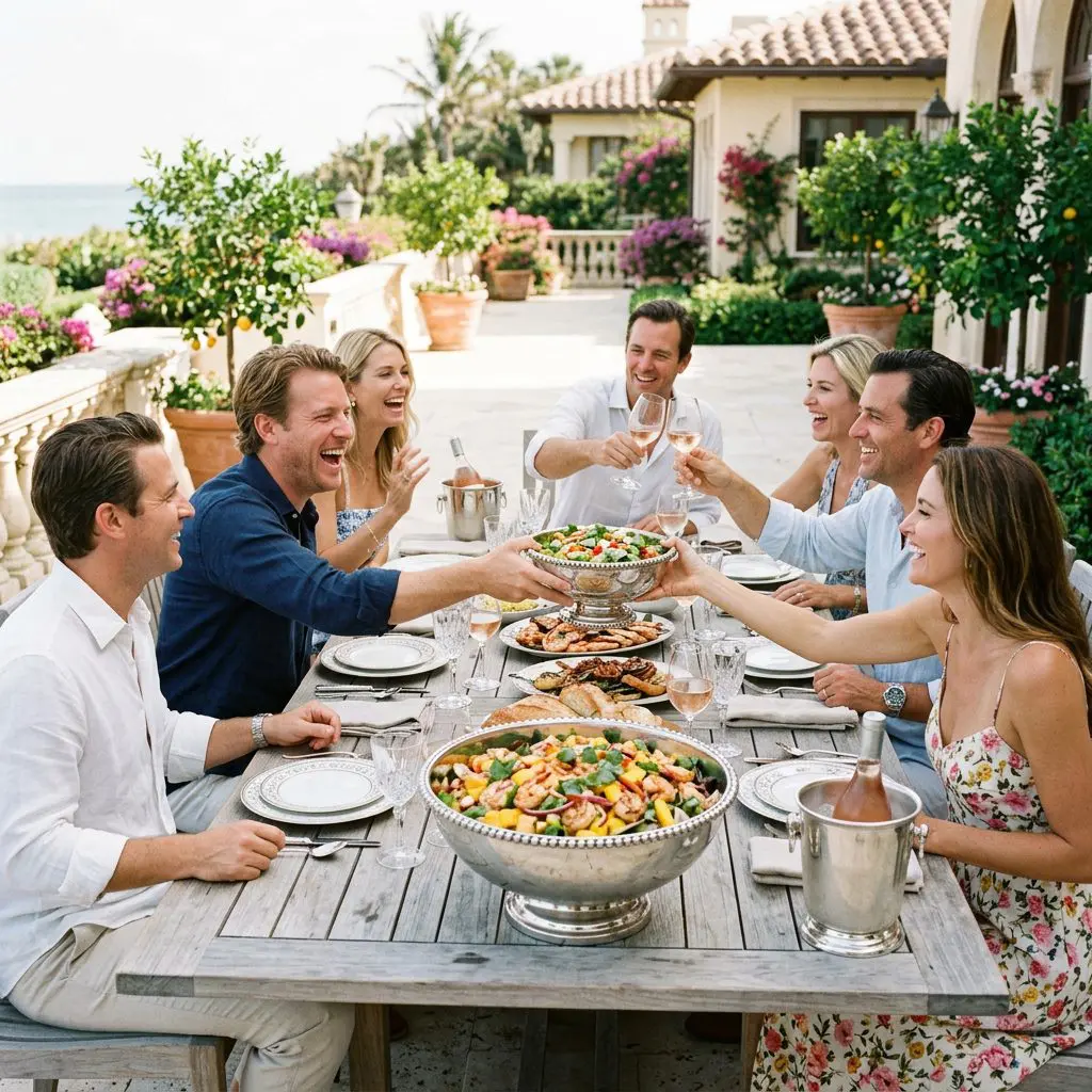 8 guests gathered tightly around a sun-drenched patio table, laughing loudly, passing heavy silver serving bowls, and drinking fiercely chilled Provençal Rosé in glasses on a Palm Beach Estate. A massive, chilled silver bowl of Shrimp and Mango Salad anchors the lively coastal outdoor party.