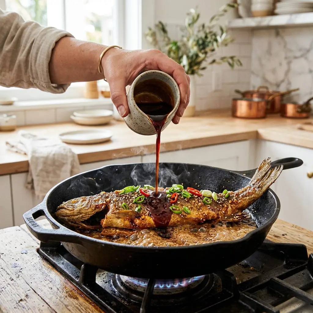 A cook's hand pouring a thick, dark mahogany soy-honey glaze directly into a roaring hot cast-iron skillet over a crispy, golden-brown whole fried trout, the intensely hot sauce bubbling and foaming around the blistered skin.