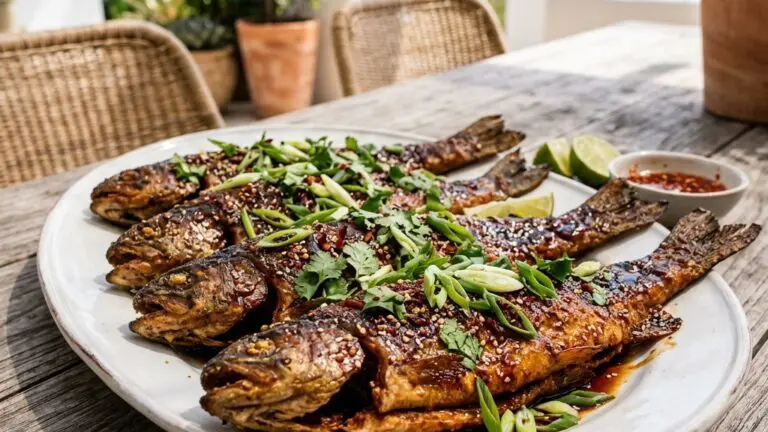 Stunning plated serving of Crispy-Fried Whole Trout with Sweet-and-Sour Sauce, a chef-tested recipe by Chef Jorj Morgan.