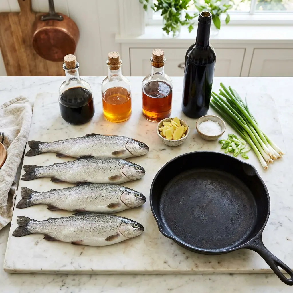 Ingredients arranged: four raw, silvery whole cleaned trout, a bottle of dark soy sauce, golden honey, toasted sesame oil, red wine, sliced fresh ginger, kosher salt, green onions, and a heavy cast-iron skillet on a marble prep board.