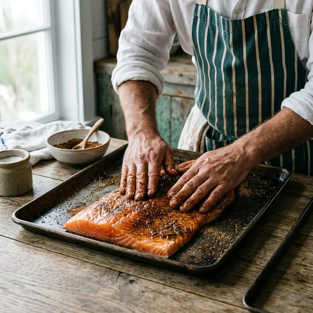 A cook's hands rubbing a dark, rich spice blend of brown sugar and cumin onto a massive, glistening raw center-cut salmon fillet resting on a heavy rimmed baking sheet.