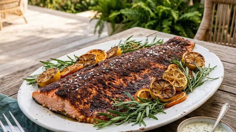 Stunning plated serving of Cumin-Crusted Salmon with Tarragon Caper Sauce, a chef-tested recipe by Chef Jorj Morgan.