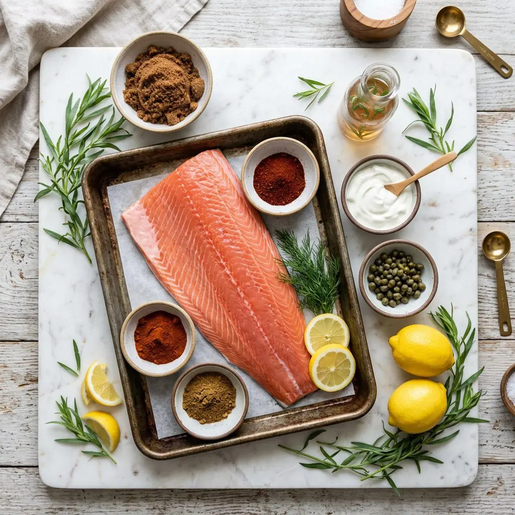 Ingredients arranged: a massive, raw center-cut salmon fillet, bowls of dark brown sugar, chili powder, cumin, paprika, fresh lemons, sour cream, capers, tarragon vinegar, and sprawling fresh tarragon sprigs around a heavy rimmed baking sheet on a marble prep board.