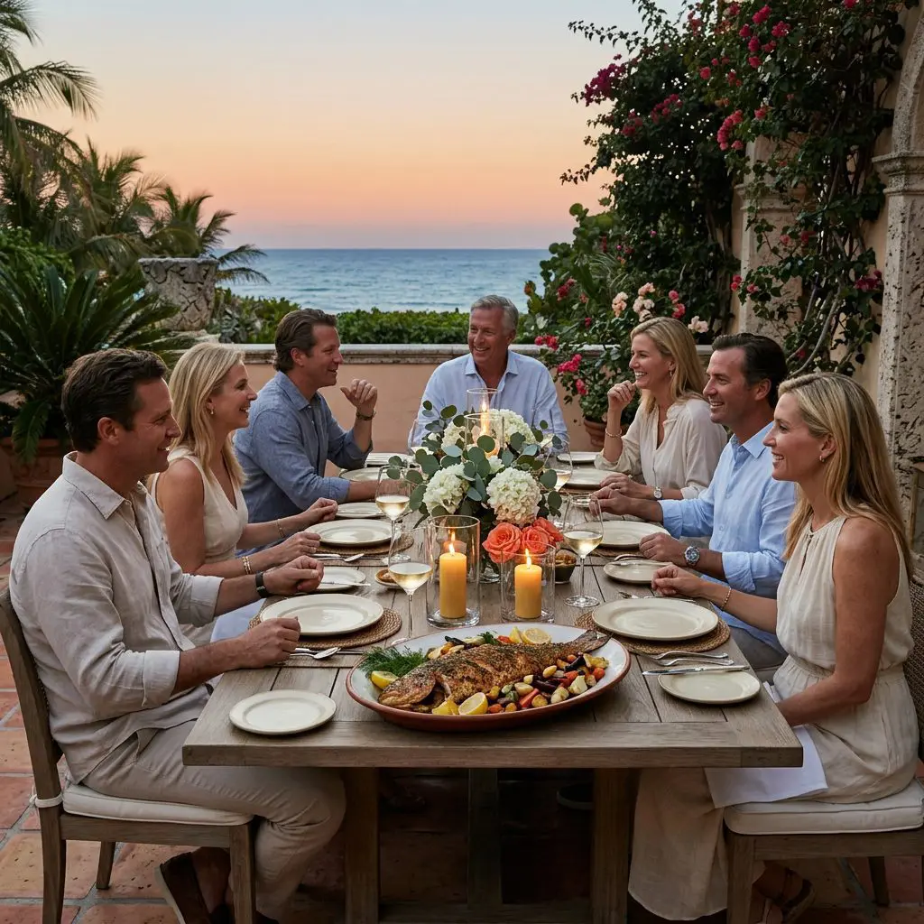 8 guests gathered around the table laughing, eating, and drinking icy White Burgundy in long-stemmed glasses in a Palm Beach Estate dining patio with ocean views at sunset. A massive platter of cumin-crusted salmon anchors the coastal twilight dinner party.