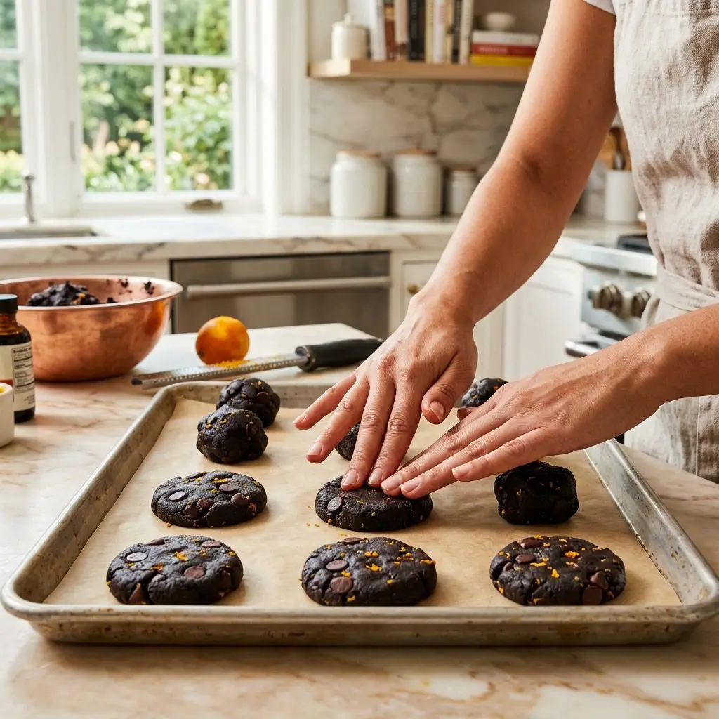 Action shot of a cook's bare, very clean hands gently flattening deep, dark black-cocoa chocolate cookie dough balls into perfect round disks on a parchment-lined baking sheet, showing dark chocolate chips and orange peel specks.