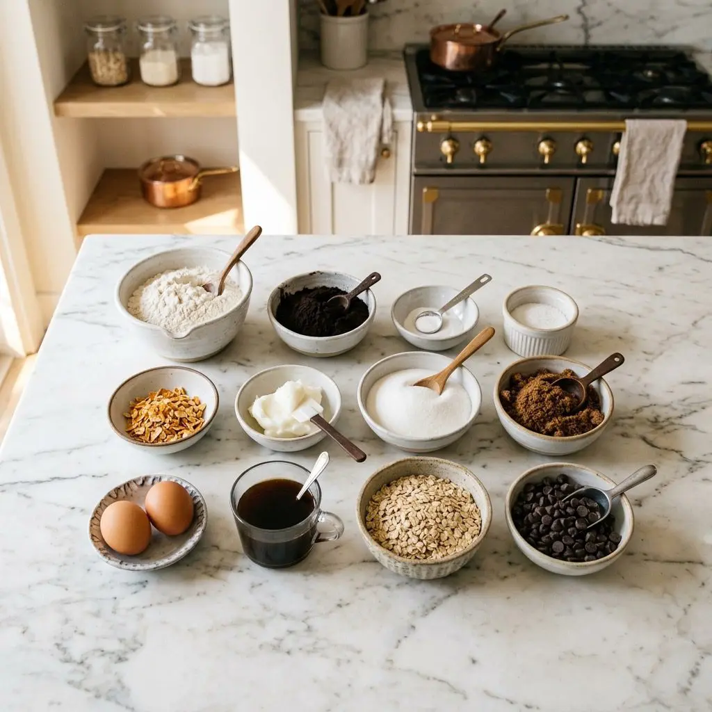 Overhead raw ingredients arrangement on a white marble countertop: ceramic bowls presenting unbleached flour, deep black cocoa powder, baking soda, kosher salt, orange rind, vegetable shortening, granulated sugar, dark brown sugar, two brown eggs, a glass cup of brewed coffee, rolled oats, and dark chocolate morsels.