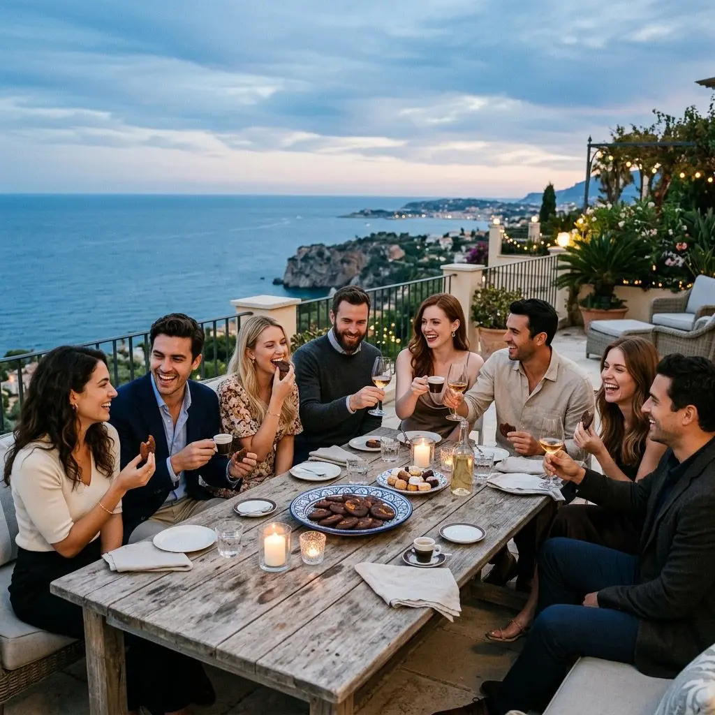 A twilight gathering on a coastal estate terrace overlooking the blue ocean. Exactly eight young adult guests, consisting of four couples, are laughing, sharing dark chocolate orange cookies from a large ceramic platter, and clinking small espresso cups and dessert wine glasses under a soft sunset sky.