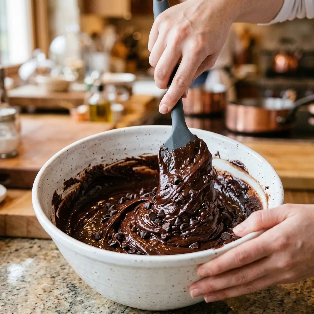 A cook's clean hands using a dark silicone spatula to fold rich, dark brown, glossy, and thick chocolate brownie batter in a large white ceramic mixing bowl. Scattered semisweet chocolate chips are being incorporated into the shiny batter.