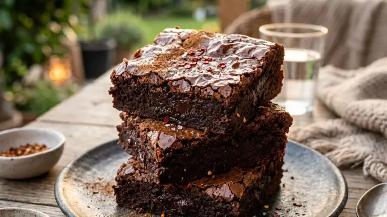 Stunning plated serving of Double Chocolate Chili Brownies, a chef-tested recipe by Chef Jorj Morgan.