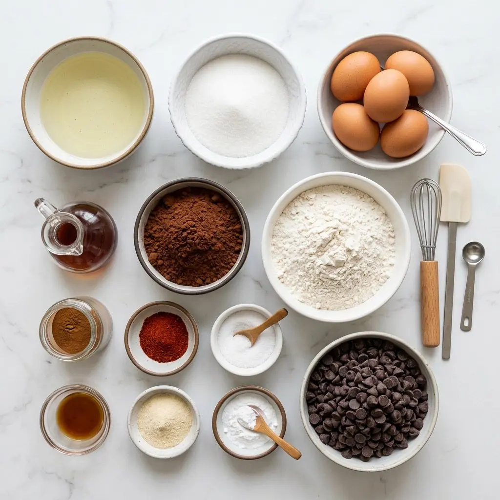 An overhead, neatly organized culinary mise en place for double chocolate chili brownies on a white marble countertop. Styled white ceramic and glass bowls contain vegetable oil, granulated sugar, four fresh farm-fresh eggs, pure vanilla extract in a small glass dispenser, rich dark cocoa powder, unbleached flour, ground cinnamon, red chili powder, kosher salt, baking powder, and a bowl filled with semisweet chocolate chips.
