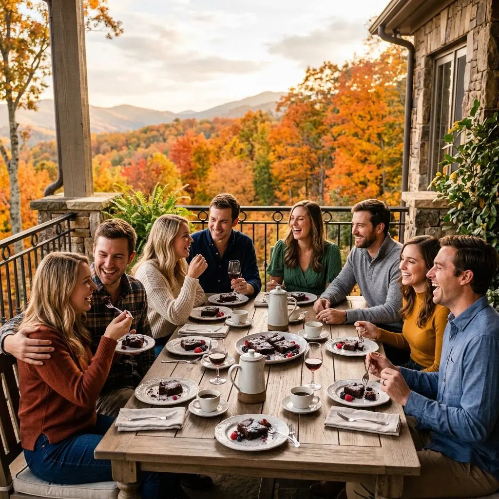Exactly eight young adult guests enjoying dessert, laughing, and sharing rich double chocolate chili brownies on a sun-drenched veranda of an estate overlooking a North Carolina autumn landscape with warm-colored mountain foliage.