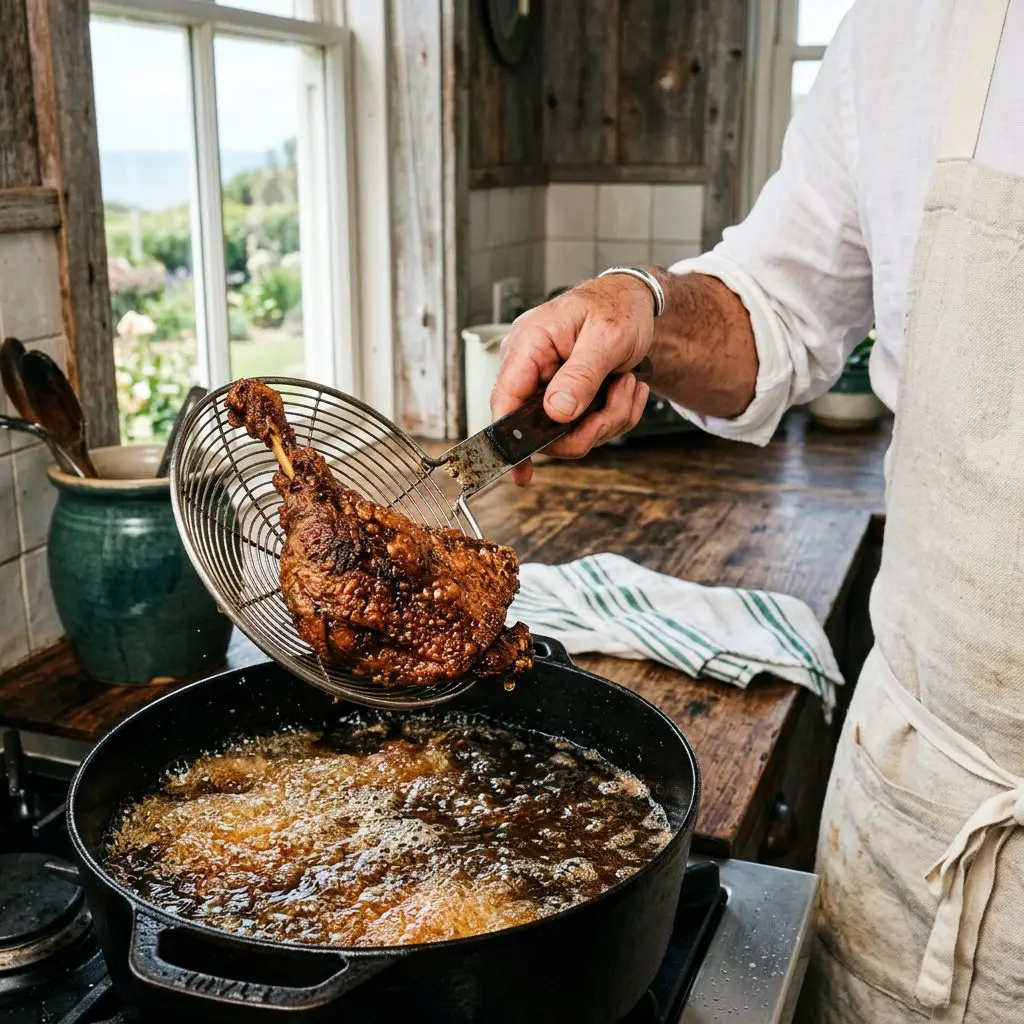 Close-up action shot of a cook's hand using a heavy metal spider skimmer to carefully lift a deeply golden, heavily bubbling, shattering-crisp duck leg out of a pot of violently hot oil.