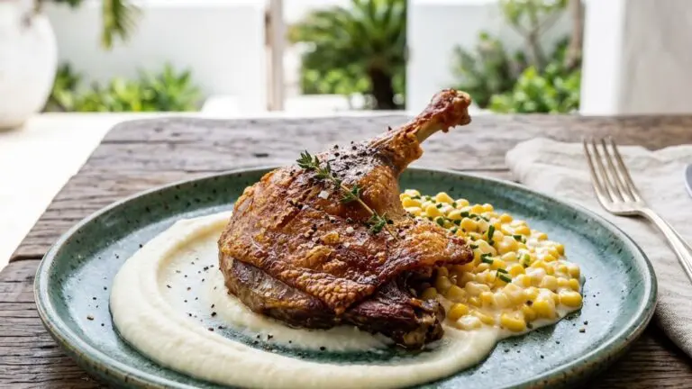Stunning plated serving of Duck Confit, a chef-tested recipe by Chef Jorj Morgan.
