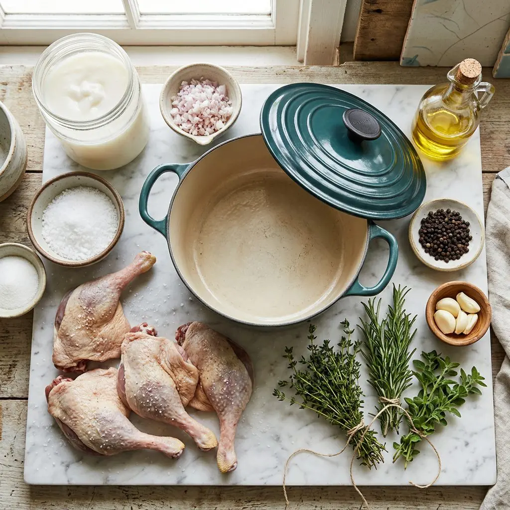 Ingredients arranged: four massive raw duck legs, a heavy jar of pure white rendered duck fat, kosher salt, sugar, minced shallots, fresh thyme, rosemary, oregano, garlic cloves, whole black peppercorns, and vegetable oil around a heavy Dutch oven on a marble prep board.