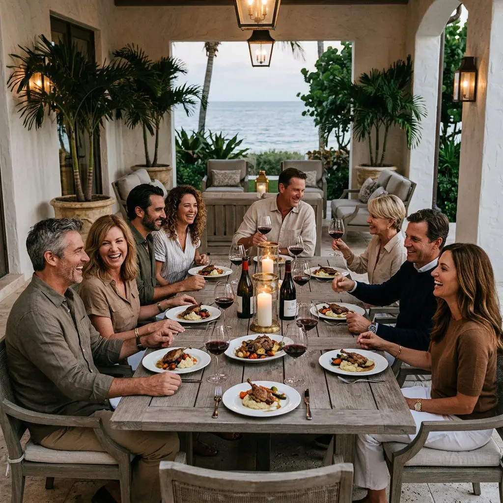8 guests gathered around the table laughing, eating, and drinking Pinot Noir in large bowl glasses in a Palm Beach Estate dining patio with ocean views. Exquisite plates of Duck Confit over cauliflower purée anchor the upscale yet relaxed gathering.