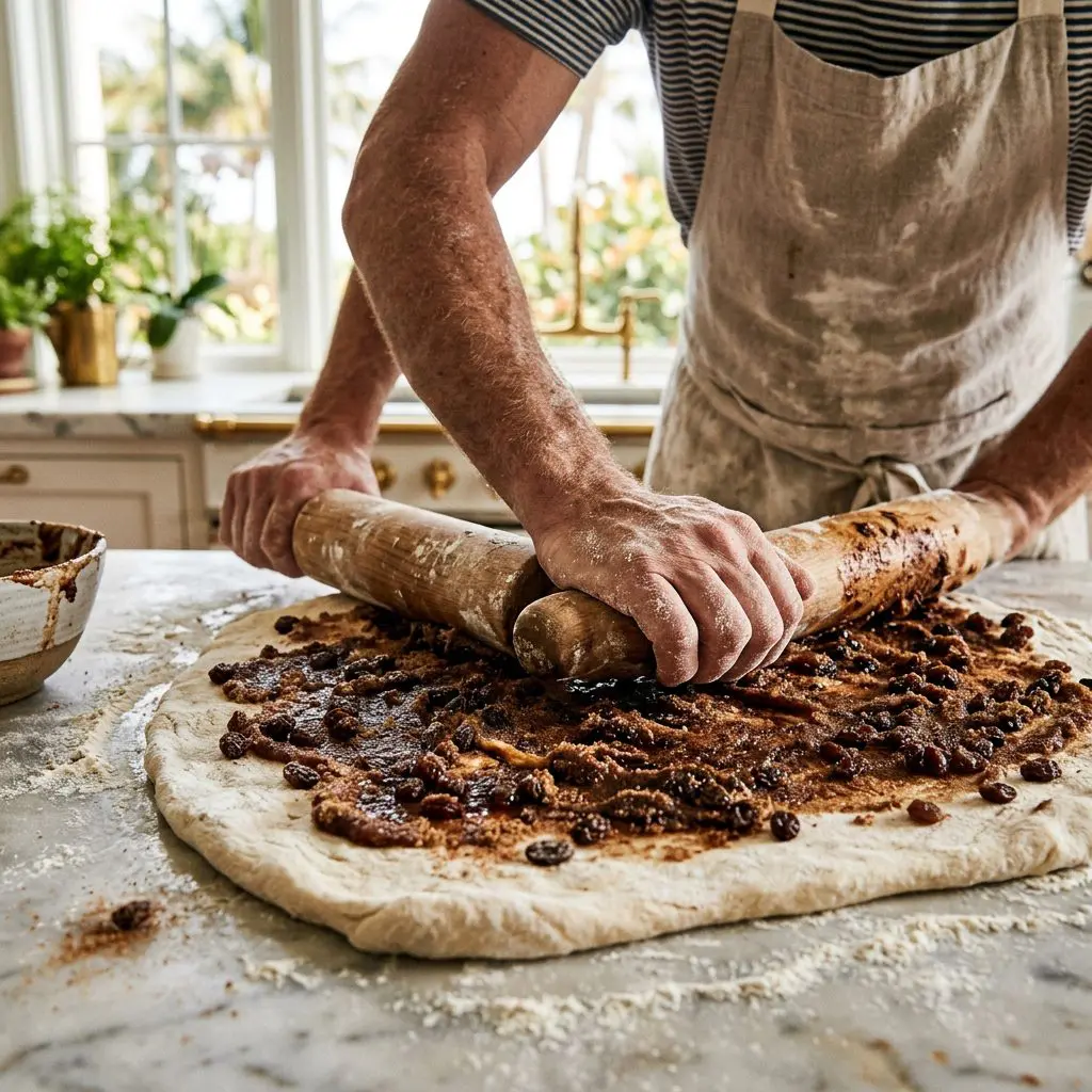 A cook's floured hands using a wooden rolling pin to flatten a massive sheet of soft white dough, vividly smearing a thick, intensely dark paste of butter, dark brown sugar, and rich cinnamon completely over the surface, with plump raisins visibly studded throughout.