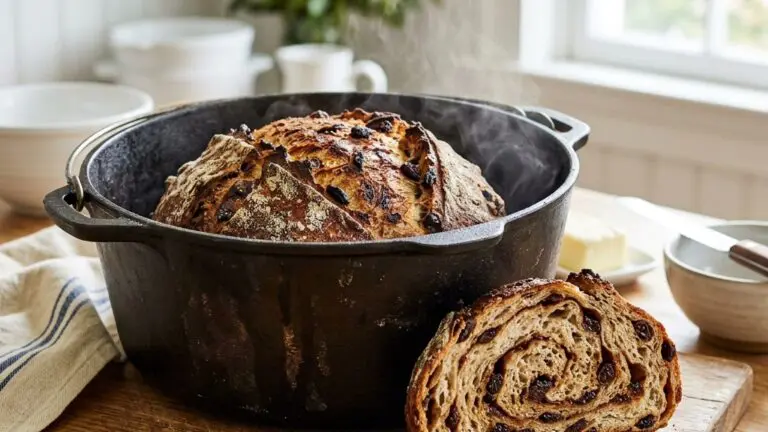 Stunning plated serving of Dutch Oven Cinnamon Raisin Bread, a chef-tested recipe by Chef Jorj Morgan.