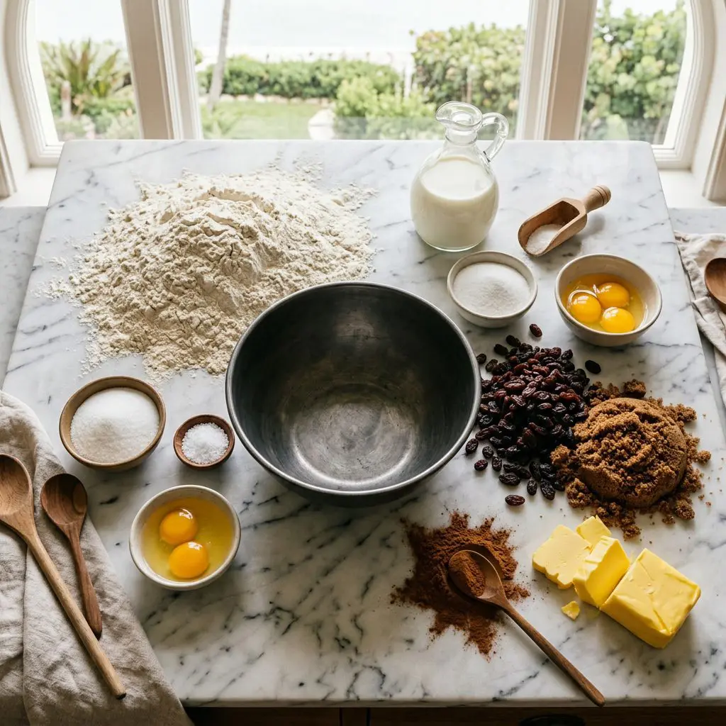 Ingredients arranged: a massive mound of unbleached all-purpose flour, a glass cruet of milk, small bowls of white granulated sugar, coarse kosher salt, raw eggs, huge piles of dark raisins, mounds of dark brown sugar, heaps of rich ground cinnamon, and vibrant yellow butter surrounding a heavy metal mixing bowl on a marble prep board.