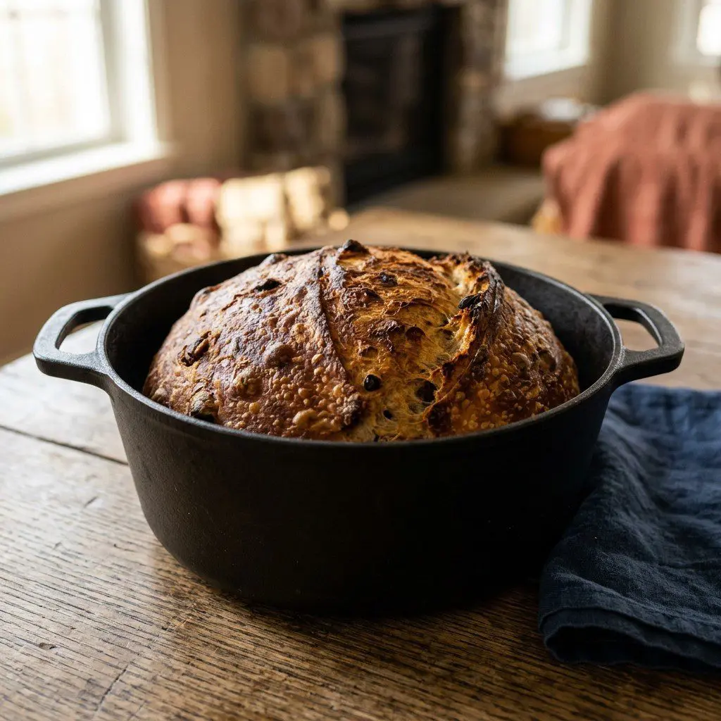 8 guests gathered tightly around a sun-drenched rustic dining table, laughing loudly, pulling a massive, golden cinnamon-swirled loaf directly out of a heavy black Dutch oven, and smearing it with chilled cream cheese while drinking steaming dark coffee in mugs on a Palm Beach Estate. A massive, steaming Dutch oven cinnamon loaf anchors the lively coastal morning party.