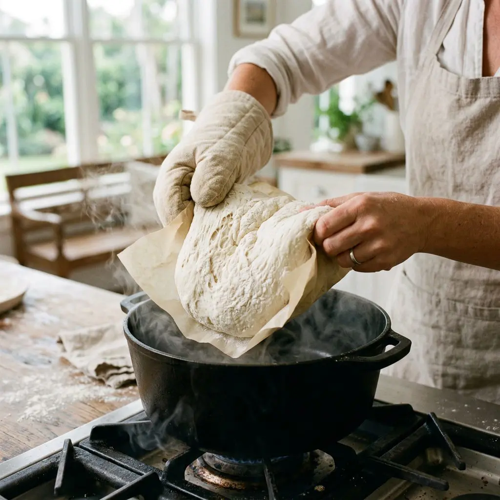 A cook's thick oven-mitted hands lowering a massive, soft ball of white bread dough, resting on crinkled parchment paper, directly into a screaming-hot, steaming black cast-iron Dutch oven.