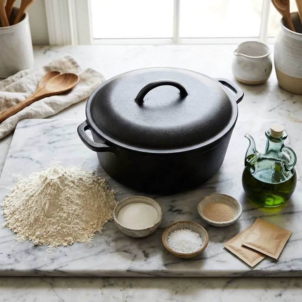 Ingredients arranged: a massive mound of unbleached all-purpose flour, a heavy glass cruet of deep green olive oil, small bowls of white granulated sugar, coarse kosher salt, and active dry yeast packets surrounding a staggeringly heavy black cast-iron Dutch oven with a lid on a marble prep board.