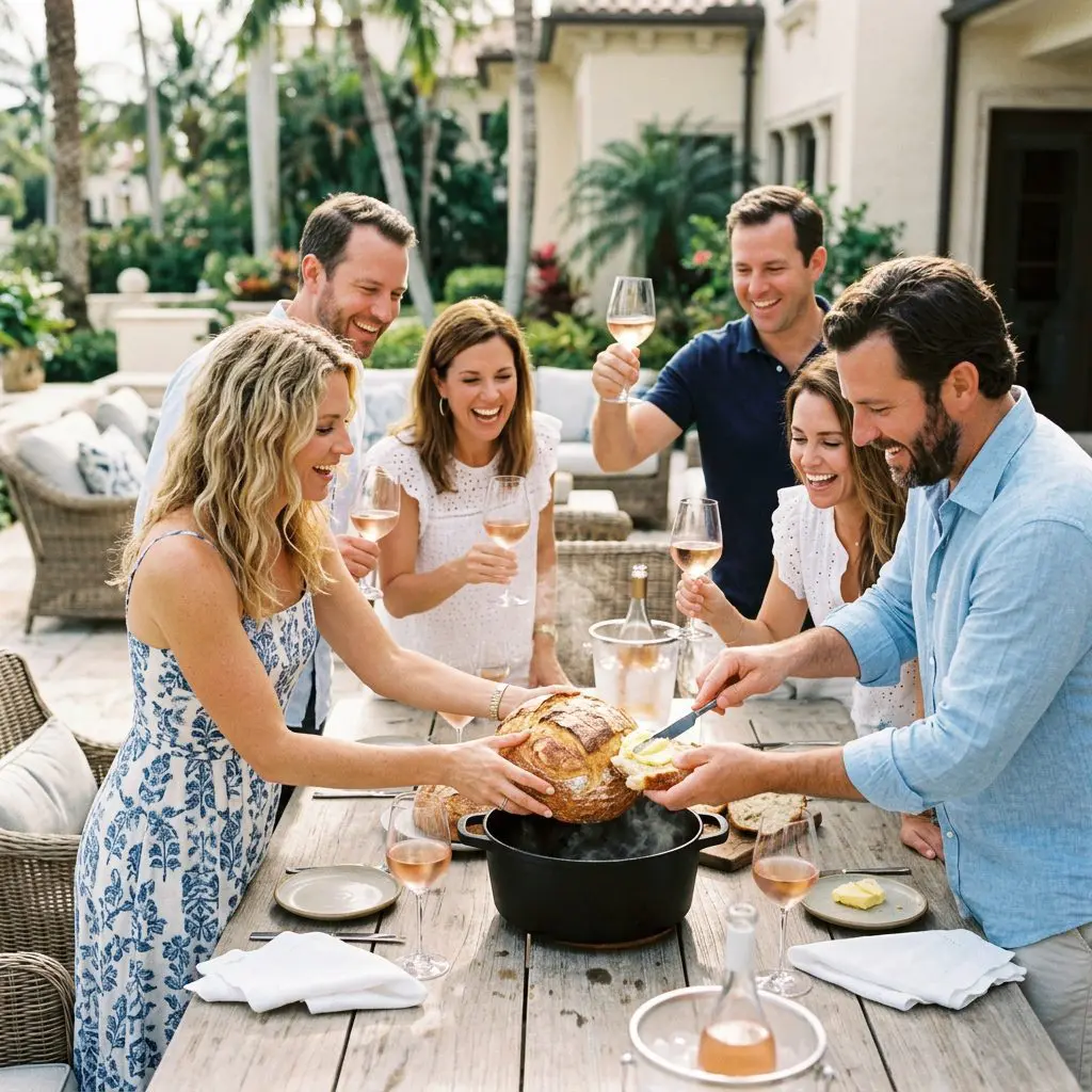 8 guests gathered tightly around a sun-drenched rustic dining table, laughing loudly, pulling a massive, golden loaf directly out of a heavy black Dutch oven, and smearing it with chilled butter while drinking fiercely chilled Rosé in glasses on a Palm Beach Estate. A massive, steaming Dutch oven loaf anchors the lively coastal afternoon party.