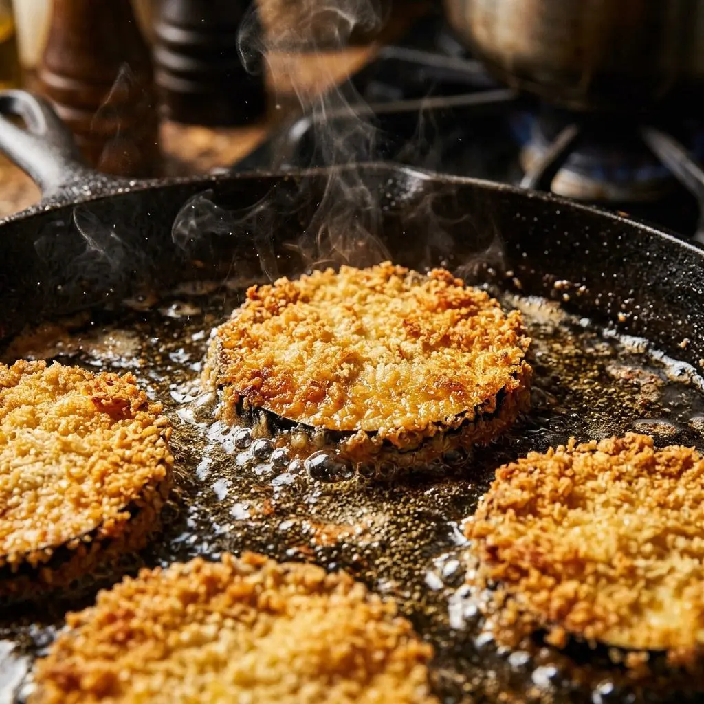 Extreme close-up action shot frying breaded eggplant slices until perfectly golden and crispy in a cast-iron skillet