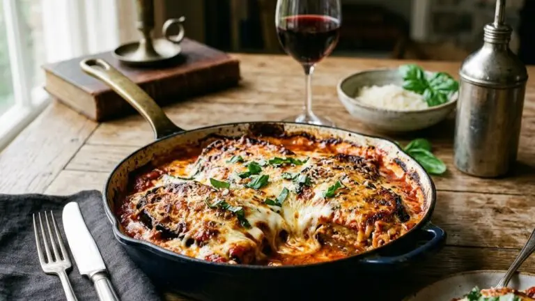 Stunning plated serving of Eggplant Parmesan, a chef-tested recipe by Chef Jorj Morgan.