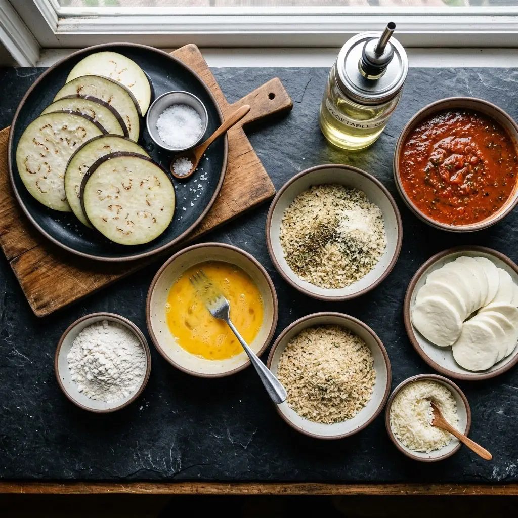 Overhead prep shot of thick eggplant slices, kosher salt, flour, beaten eggs, panko breadcrumbs, vegetable oil, marinara sauce, sliced mozzarella, and grated Parmesan cheese