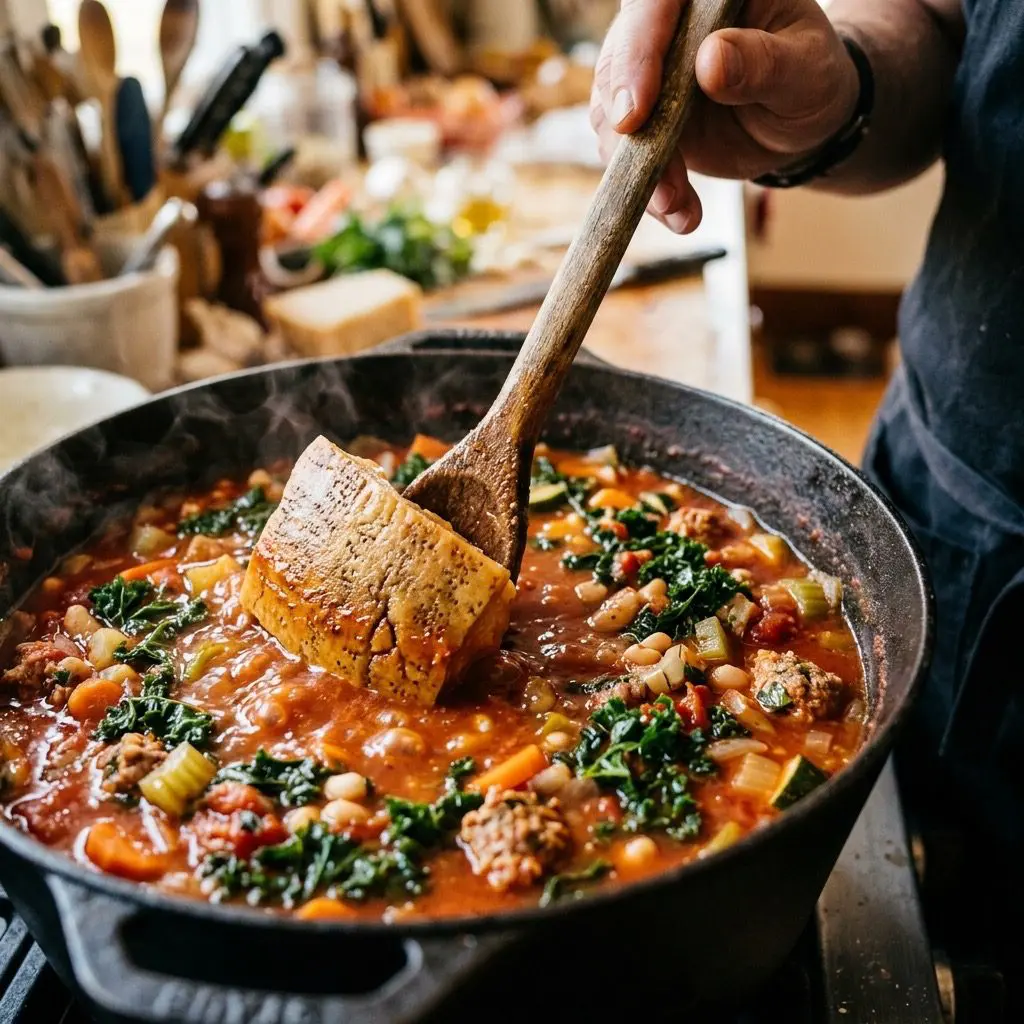 Extreme close-up action shot submerging a hard Parmesan cheese rind into a simmering pot of minestrone soup