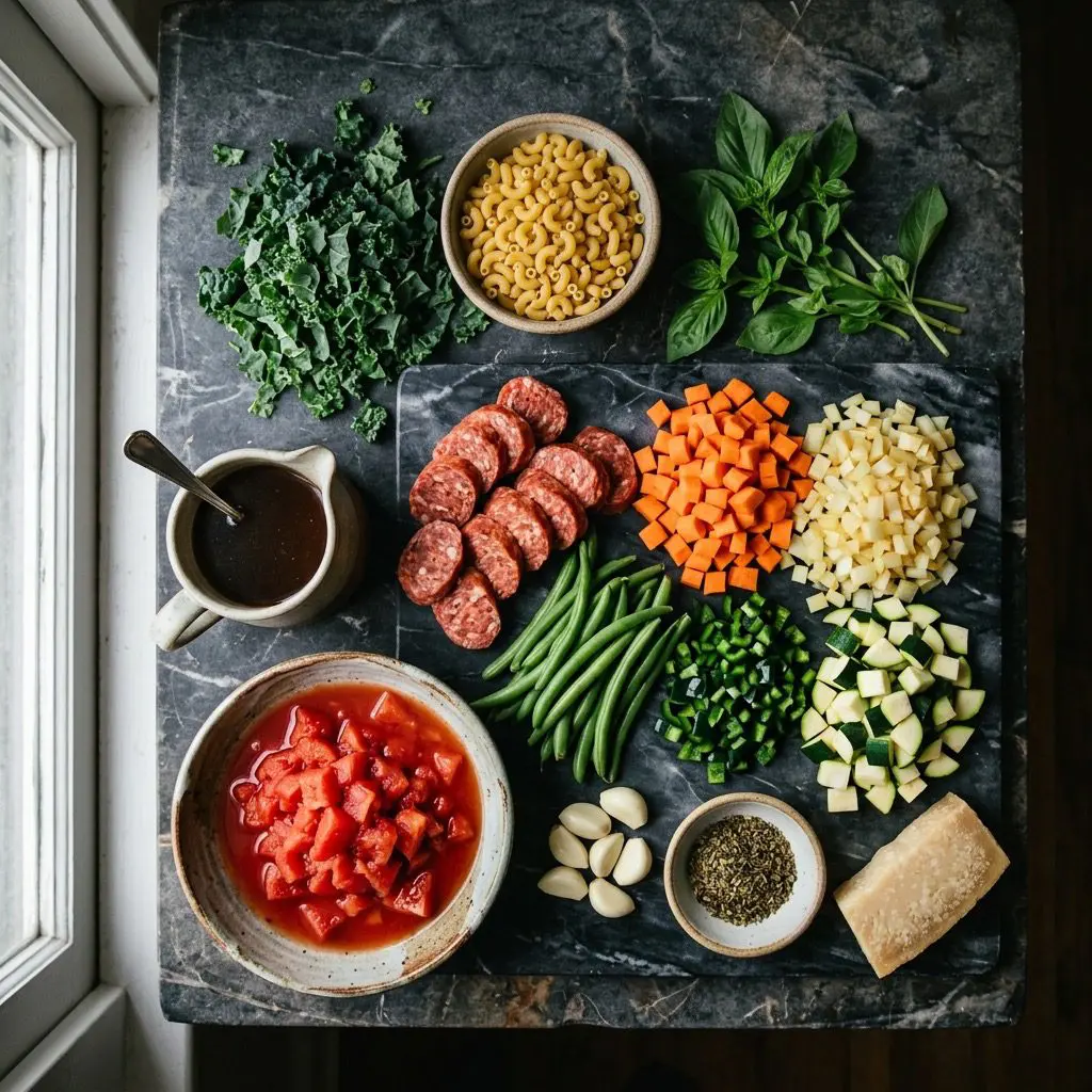 Overhead prep shot of Italian sausage, green beans, carrots, onion, zucchini, poblano peppers, garlic, diced tomatoes, beef stock, oregano, Parmesan rind, kale, elbow macaroni, and basil