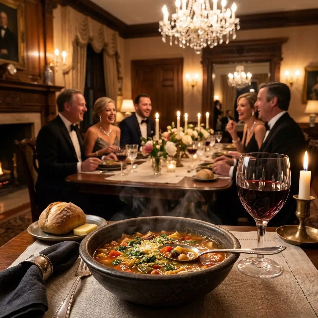 An elegant, formal dinner table setting featuring Farmers Market Minestrone, with a dinner party in the background