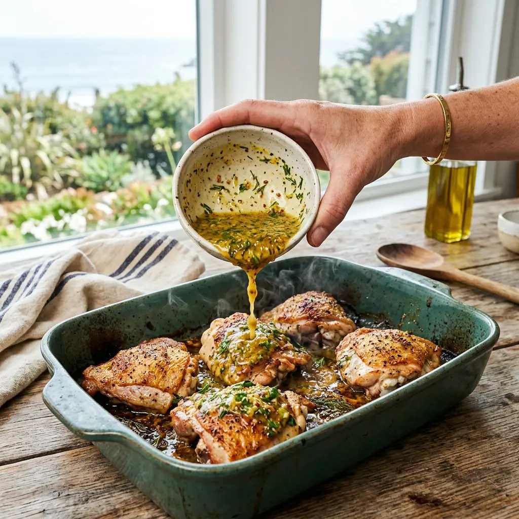 Close-up action shot of a cook's hand pouring a bowl of vibrant, herbaceous lemon-soy-mustard sauce directly over sizzling, partially baked, golden-brown chicken pieces in a hot ceramic baking dish.